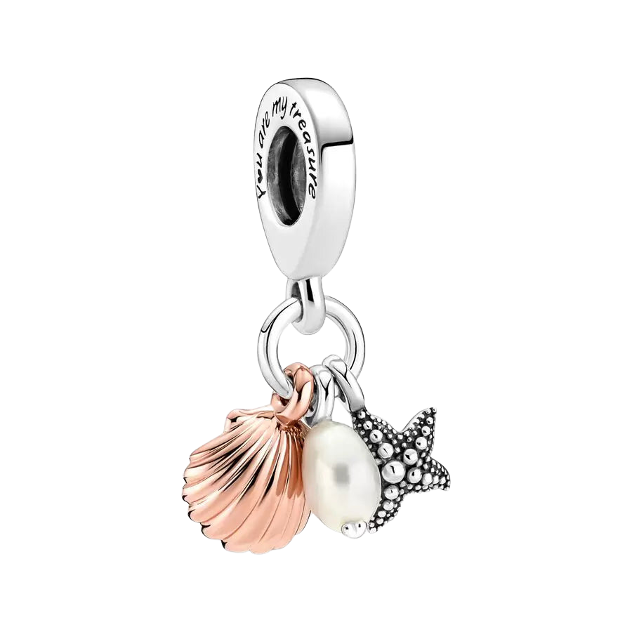 Charm Colgante Triple Concha, Perla Cultivada de Agua Dulce y Estrella de Mar