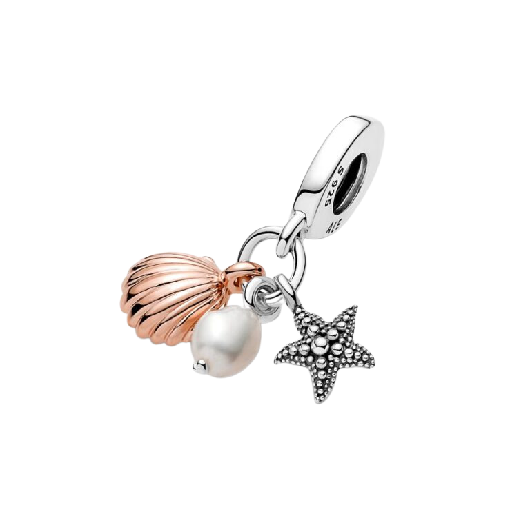 Charm Colgante Triple Concha, Perla Cultivada de Agua Dulce y Estrella de Mar