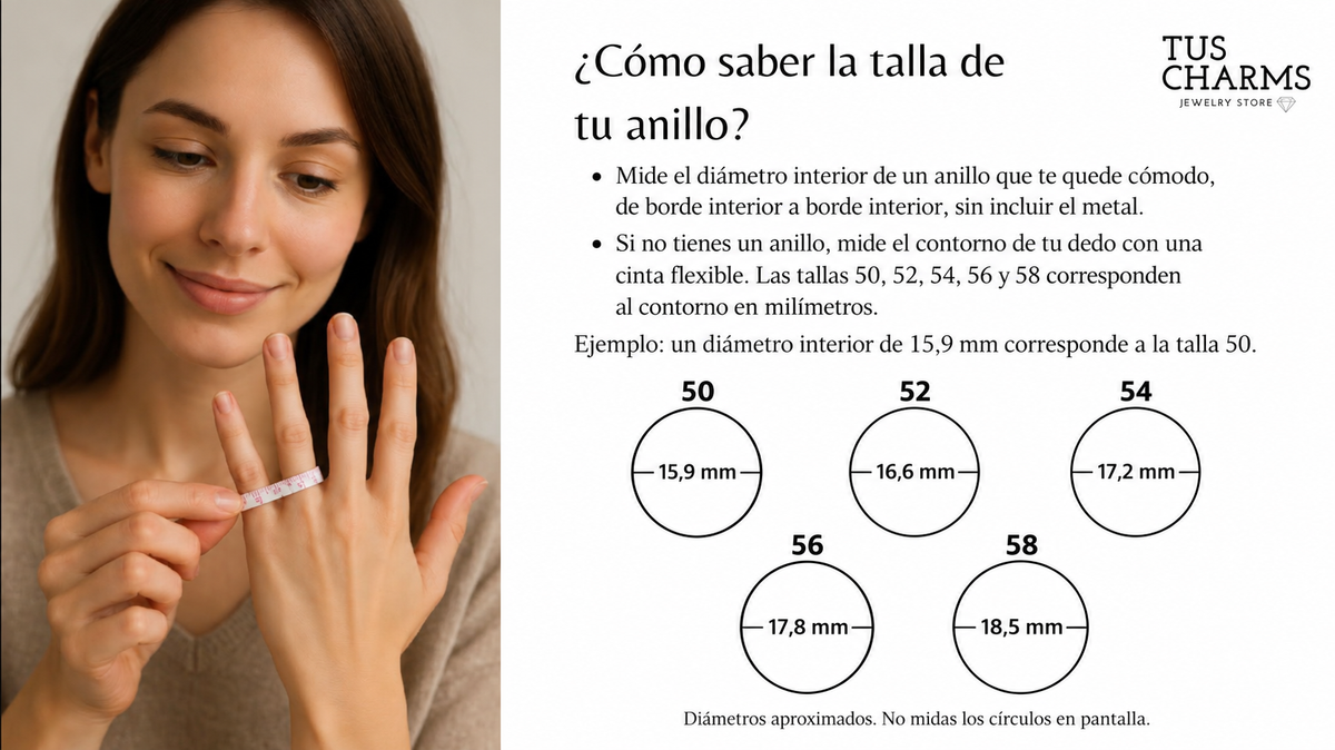 Guía de tallas de anillos TusCharms: 50, 52, 54, 56 y 58 con diámetros interiores en milímetros