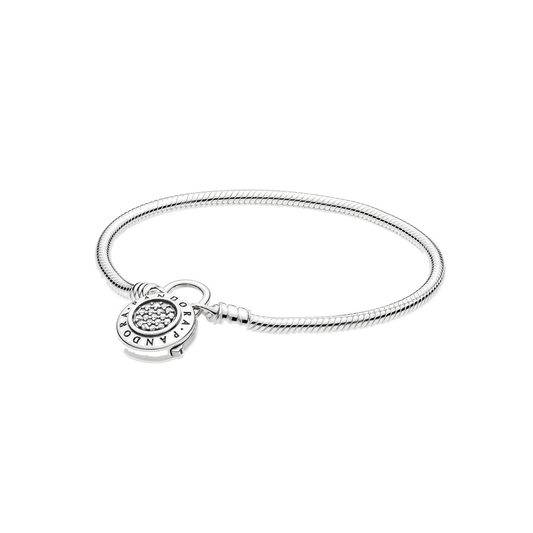 Pulsera Moments en plata de ley Candado firma PANDORA para charms — vista 1, fondo transparente